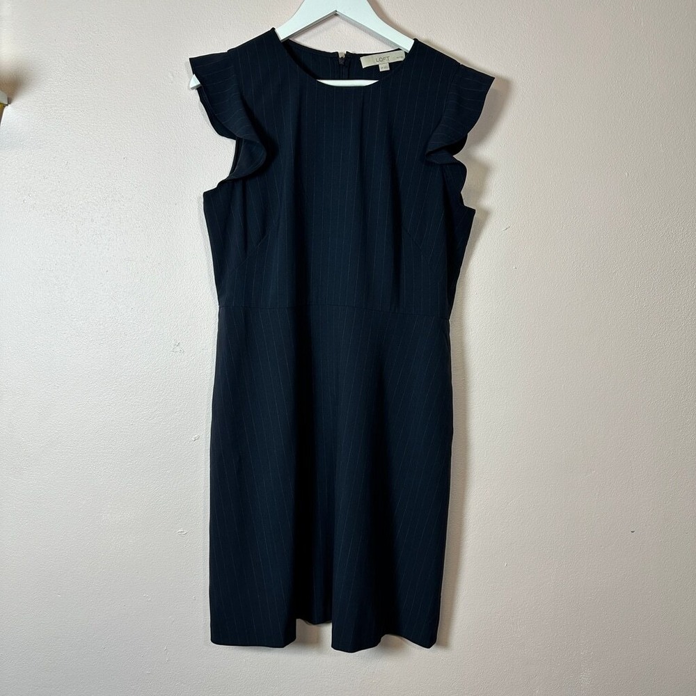 LOFT‎ Navy Blue Pinstripe Ruffle Sleeve Sheath Dress 12P
